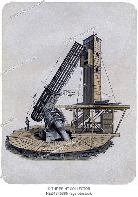 A Newtonian reflector, 1870. Reflecting telescope after a design by Isaac Newton. Hand-coloured later