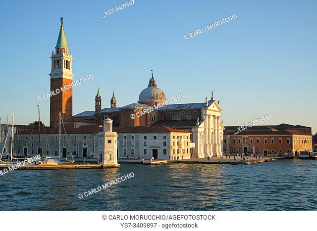 San Giorgio Basilica and island seen from the ferry, Venice lagoon, Venice, Italy, Europe