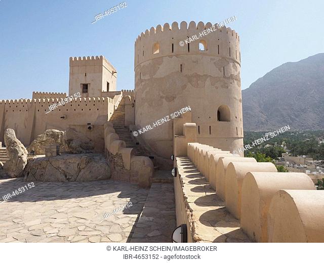 Fortress Nakhl with round tower and battlements, Nakhl, Oman