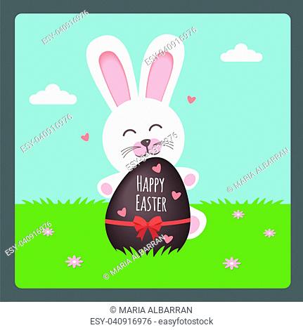 Happy Easter with bunny and chocolate egg on spring background