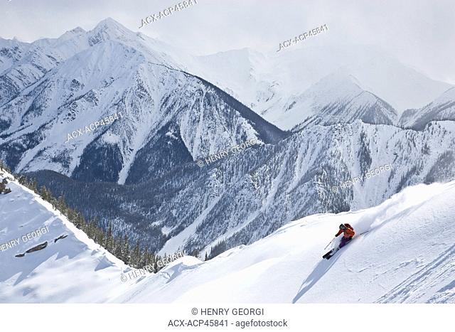 Young man skiing in Super Bowl, Kicking Horse Mountain Resort, British Columbia, Canada