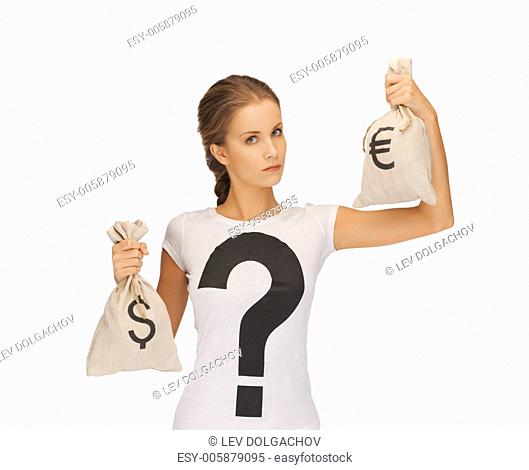 picture of woman with dollar and euro signed bags