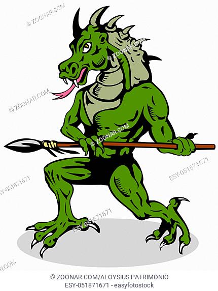 Illustration of an angry villain alien monster dragon with sword isolated on white background done in retro style