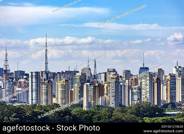 Buildings, towers and communication antennas in view of the financial center of the city of Sao Paulo, Brazil