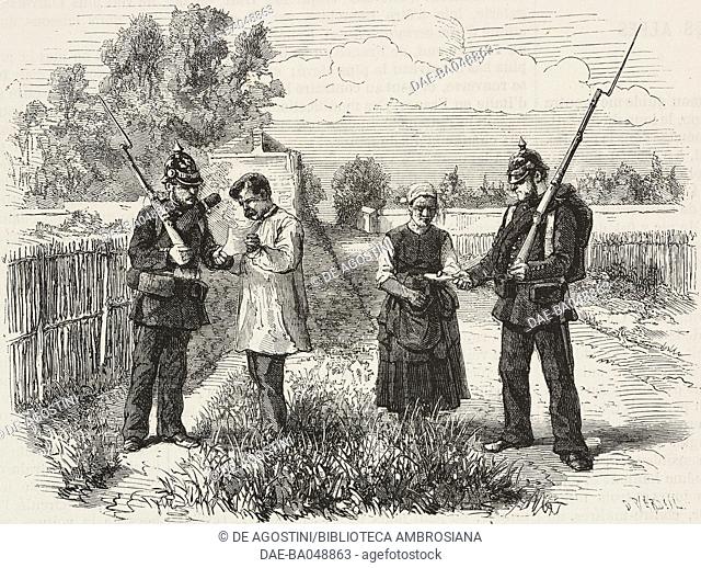 Prussian soldiers check the permits of two commoners, Paris, France, illustration from the magazine L'Illustration, Journal Universel, volume LVII, no 1492