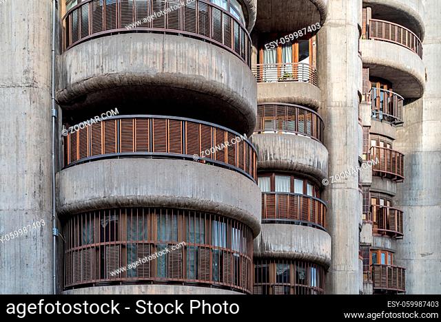 Madrid, Spain - June 12, 2020: Torres Blancas Building. Iconic concrete residential skyscraper designed by Oiza architect