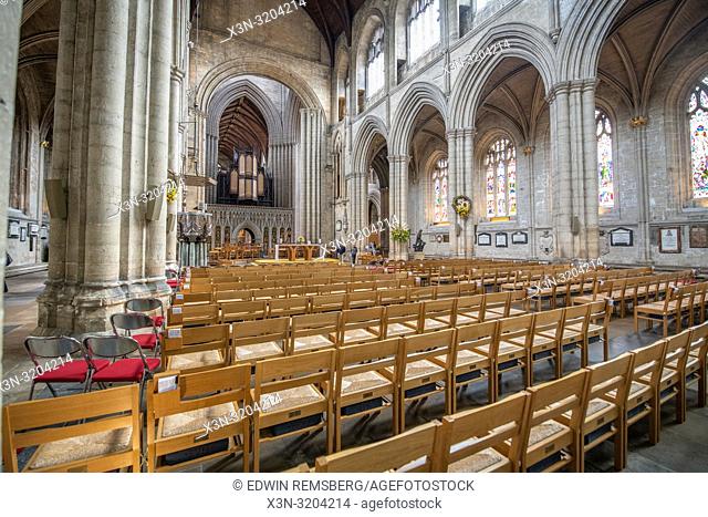 Rows of seats line the nave of Ripon Cathedral, Yorkshire, UK