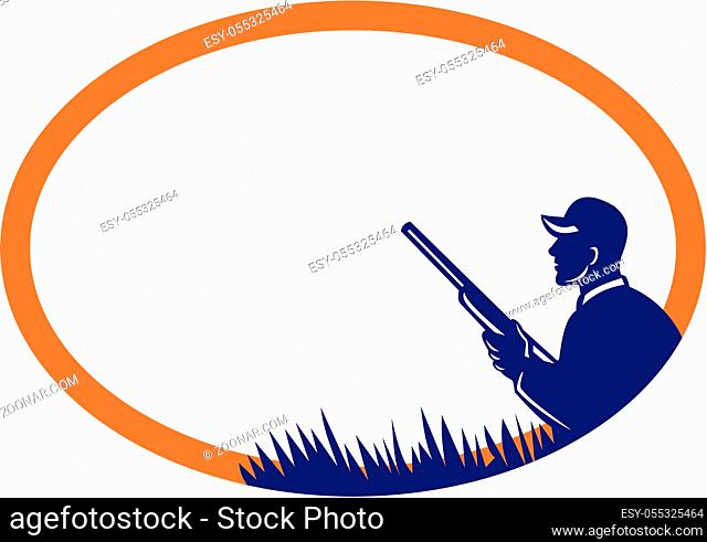 Illustration of a duck hunter with shotgun viewed from the side set inside oval shape done in retro style