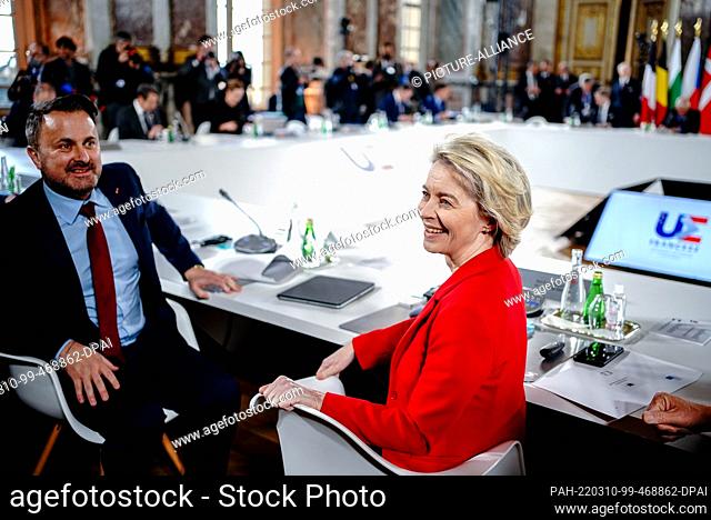 10 March 2022, France, Versailles: Ursula von der Leyen, President of the European Commission, and Xavier Bettel, Prime Minister of Luxembourg