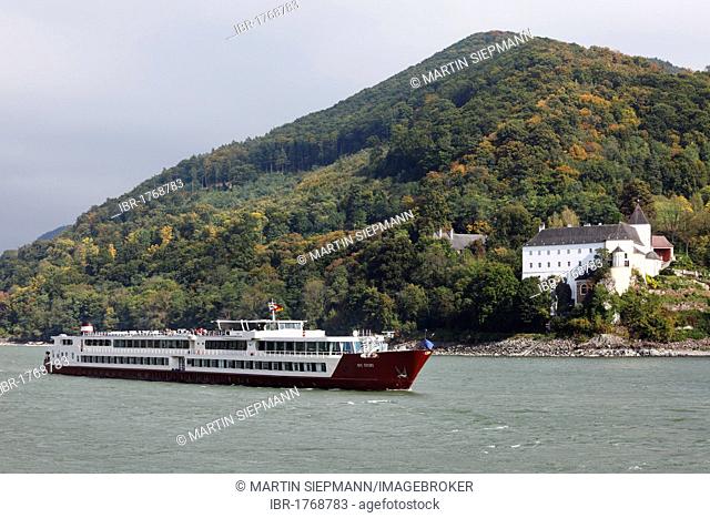 River cruise ship, My Story, in front of Servite Monastery of Schoenbuehel on the Danube, Wachau, Mostviertel, Most Quarter, Lower Austria, Austria, Europe