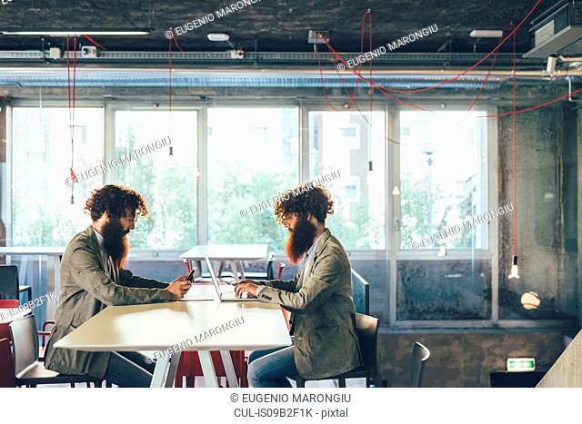 Male adult hipster twins sitting face to face at desk in office