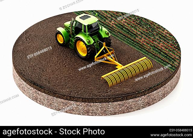 Green tractor on the field isolated on white background. 3D illustration