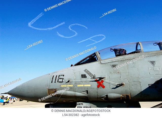 F-14 aircraft nose with USA in skywriting in background