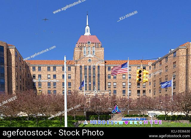 Detroit, Michigan USA - 13 May 2020 - A flyover of Ascension St. John Hospital and other Detroit-area hospitals by the Michigan Air National Guard honored...