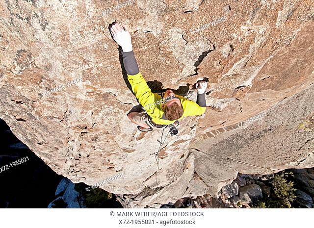 Rock climbing a route called Fall Line which is rated 5, 10 and located on Morning Glory Spire at The City Of Rocks National Reserve near the town of Almo in...