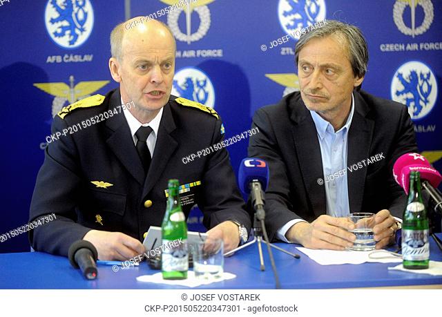 From left brigadier general Arne Heden, Czech Defence Minister Martin Stropnicky speaks to media during the Lion Effort military exercise for Gripen users on...