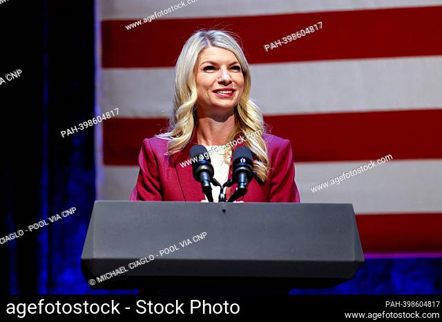 United States Representative Brittany Pettersen (Democrat of Colorado), talks before US Vice President Kamala Harris speaks at the Arvada Center for Performing...