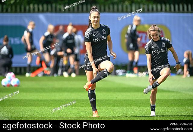 Belgium's Amber Tysiak and Belgium's Davina Philtjens pictured in action during a training session of the Belgium's national women's soccer team the Red Flames