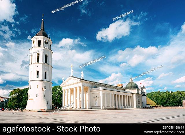 Vilnius, Lithuania. View Of Bell Tower And Facade Of Cathedral Basilica Of St. Stanislaus And St. Vladislav On Cathedral Square, Famous Landmark