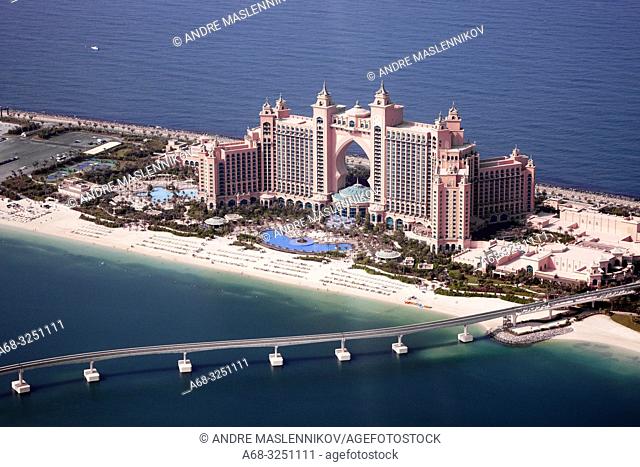 Hotel Atlantis on the cresent of Palm Jumeirha in Dubai. Air photograph.