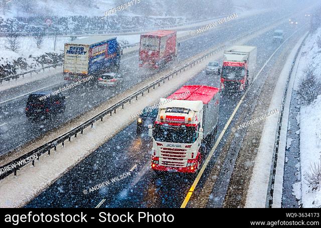 Near white out conditions on the M74 motorway near Lesmahagow in South Lanarkshire Scotland during a January snowstorm