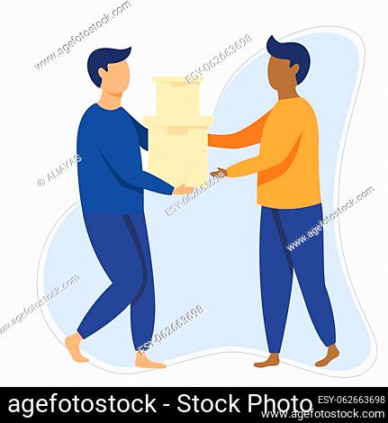 Delivery service concept, courier character holding two boxex and give it to another person from work. illustration in flat style. People help