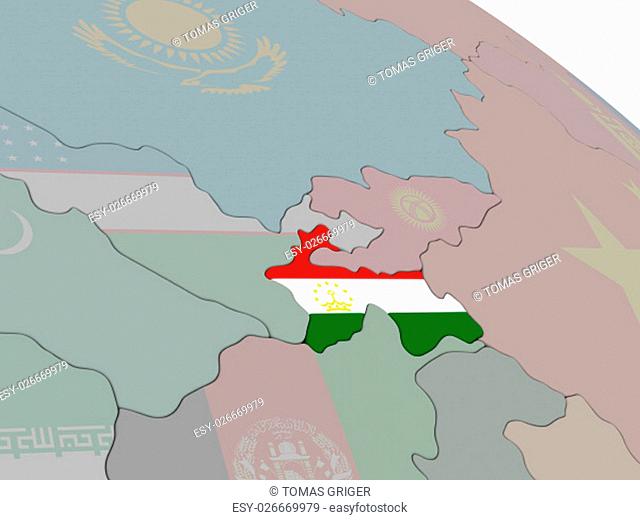 Tajikistan with flag highlighted on model of globe. 3D illustration