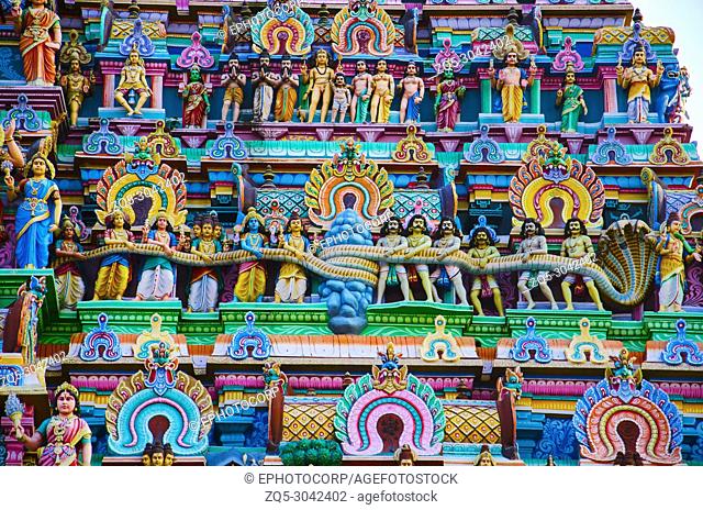 Colorful idols on the Gopuram of Nataraja Temple, Chidambaram, Tamil Nadu, India. Hindu temple dedicated to Nataraj. Shiva as the lord of dance