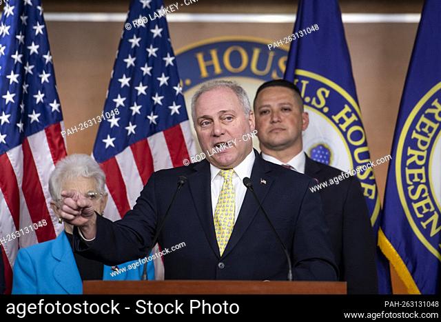 United States House Minority Whip Steve Scalise (Republican of Louisiana) offers remarks during a news conference at the US Capitol in Washington, DC, Wednesday