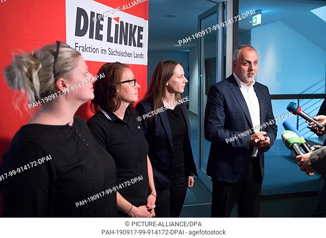 17 September 2019, Saxony, Dresden: Rico Gebhardt, Chairman of the Left Party in the Saxon state parliament, his deputies Susanne Schaper (l) and Marika...