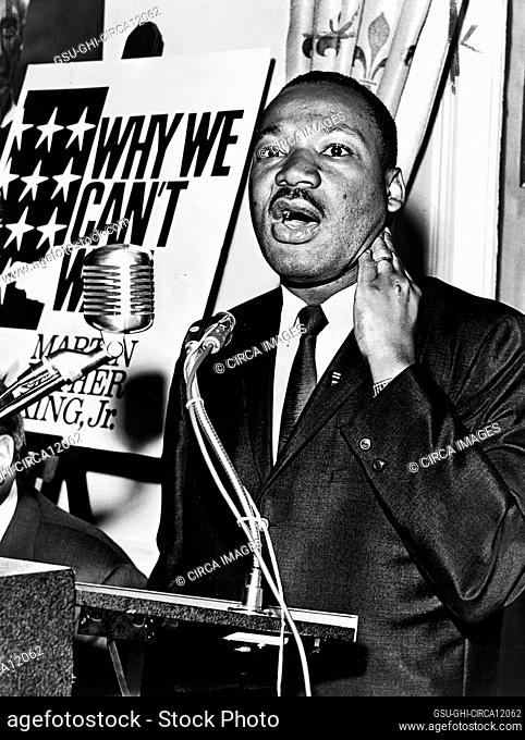 Martin Luther King, Jr., half-length portrait standing at podium during press conference, New York City, New York, USA, Walter Albertin