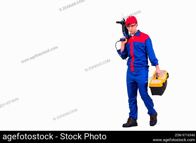 Young repairman with drill perforator isolated on white