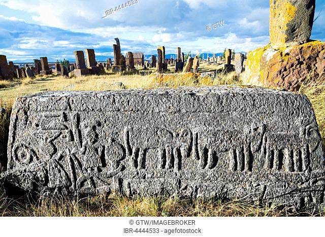 Medieval Khachkars, carved memorial stele, Farmers Stone, Noratus Cemetery, Lake Sevan, Gegharkunik Province, Armenia, Caucasus, Asia
