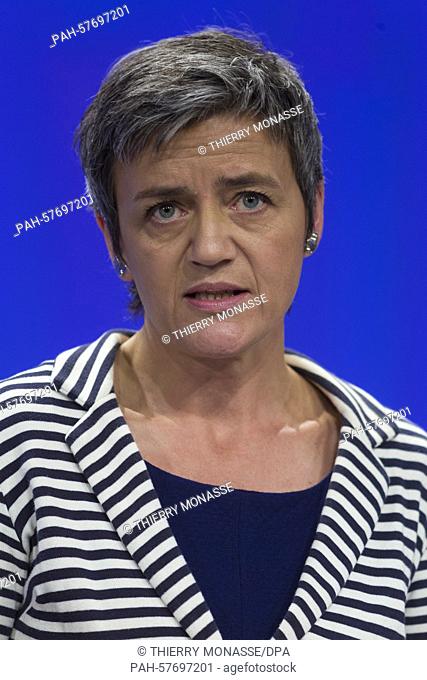 European Commissioner for Competition Margrethe Vestager speaks at a press conference relating to Russian gas giant Gazprom at the EU Commission headquarters in...