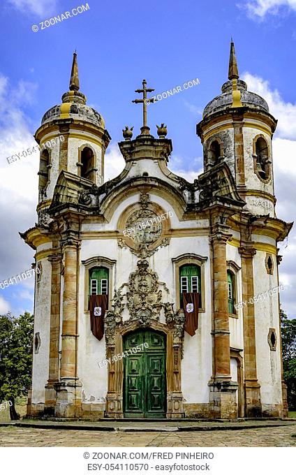 Facade of the old church of San Francisco of Assis in the historic city of Ouro Preto