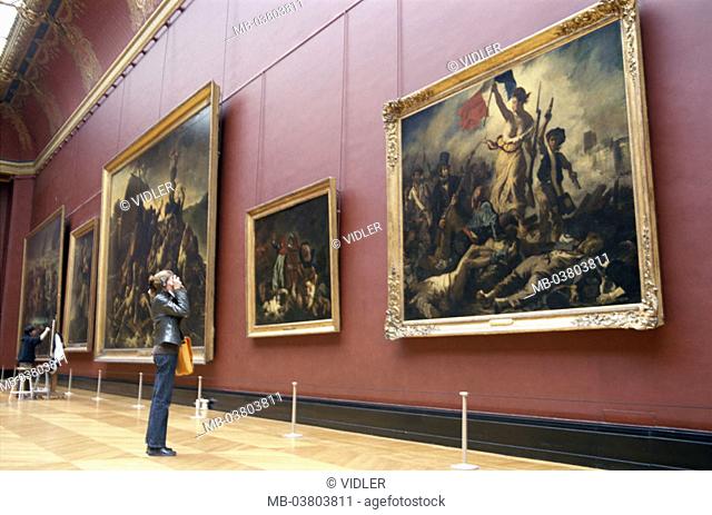 France, Paris, Musee you Louvre,  indoors, woman, paintings, photographs    Europe, capital, buildings, museum, art museum, Louvre, construction, palace, palace