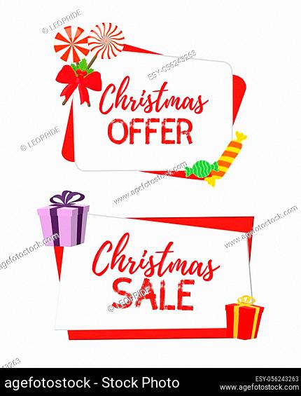 Vector Christmas banners for sale, special offers with sweet lollipop, gift box. Mock up of stickers, tags. Made in cartoon flat style