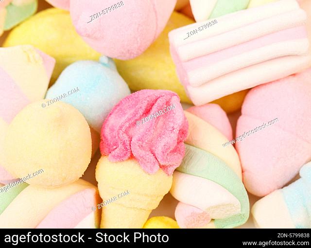 Background of colorful marshmallows candy. Close up