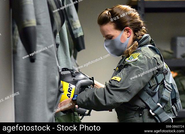 Air, Force, Capt, Kate, “Flare”, Archer, F-22, Pilot, 27th, Fighter, Squadron, prepares, her, gear, before, stepping, out, flight, line, Joint, Base