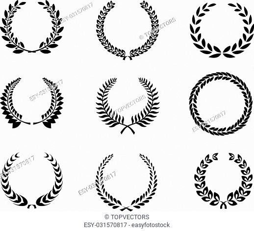 Set of black and white silhouette circular laurel foliate and wheat wreaths depicting an award achievement heraldry nobility and the classics vector