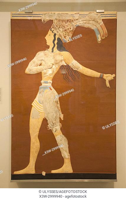 Fresco of The Prince of the Lilies (1600-1450 BC) from the Knossos Palace, Archaeological Museum of Heraklion, Iraklio, island of Crete, Greece, Europe