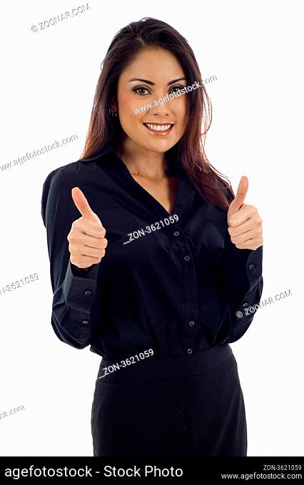 Portrait of a beautiful young Asian business woman showing thumbs up sign with both hands against white background