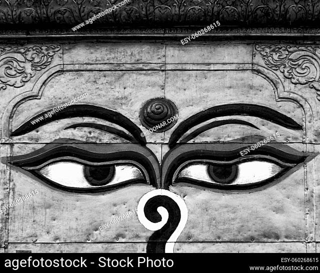 Entrancing Monochrome close up of Eyes of Buddha, Kathmandu, Nepal. High quality photo