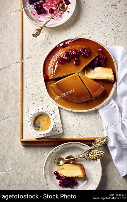Creme brulee cake with cranberry compote and espresso
