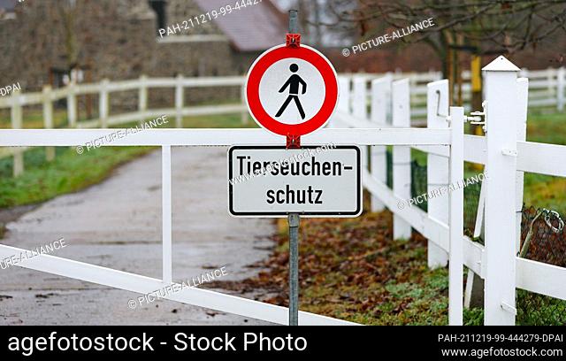 13 December 2021, Saxony, Wermsdorf: A sign prophylactically blocks access to the Eskildsen goose farm with a reference to animal disease protection
