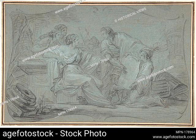 Semiramus Inspecting a Plan of Babylon. Artist: Jean Simon Berthélemy (French, Laon 1742-1811 Paris); Medium: Black and white chalk on blue-gray paper;...
