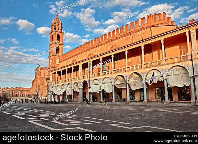 Faenza, Ravenna, Emilia-Romagna, Italy: Piazza del Popolo (People's Square) with the characteristic double porch on the facade of the medieval palace in the...