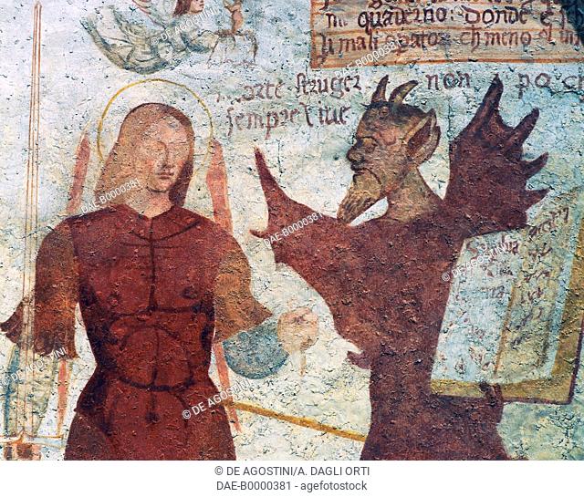 The Archangel Michael and the devil with the book of the seven deadly sins, detail from The Dance of Death, 1539, fresco by Simone II Baschenis (ca 1490-1555)