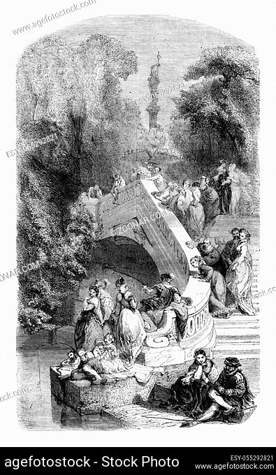 1852 Exhibition of Painting, Fishing, fall stage, vintage engraved illustration. Magasin Pittoresque 1852