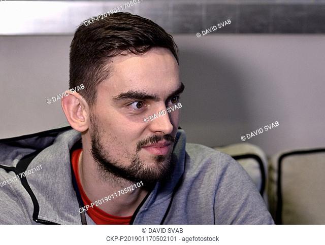 Czech basketball player Tomas Satoransky speaks with journalists during the press conference in hotel InterContinental in Lodon, England, January 16, 2019